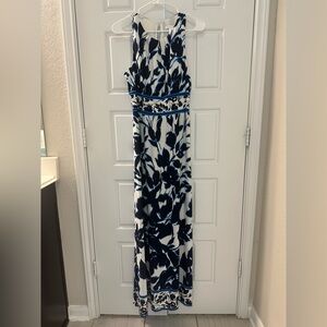 London Times blue and white sleeveless maxi dress